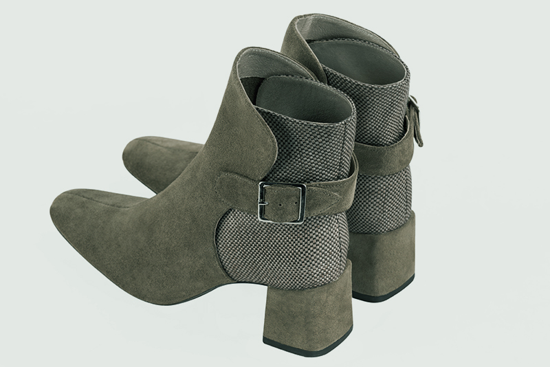 Khaki green women's ankle boots with buckles at the back. Square toe. Medium block heels. Rear view - Florence KOOIJMAN